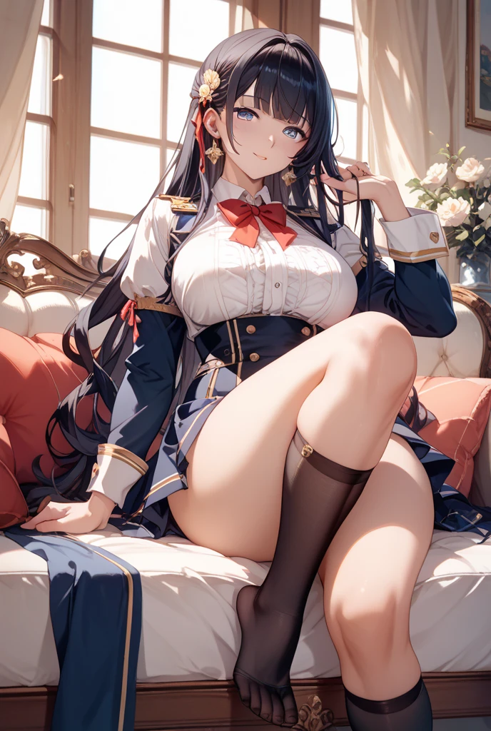 (1 girl),(high quality), (High resolution), (extremely detailed), (8K),(focus on lower body),(CG),female university student、beautiful girlfriend、magic knight costume、Magic Swordsman、Sorcerer、pleated skirt、sexy panties、(black knee high stockings:1.2)、erect nipple shape、No shoes、(neutral white lighting),sexy pose
