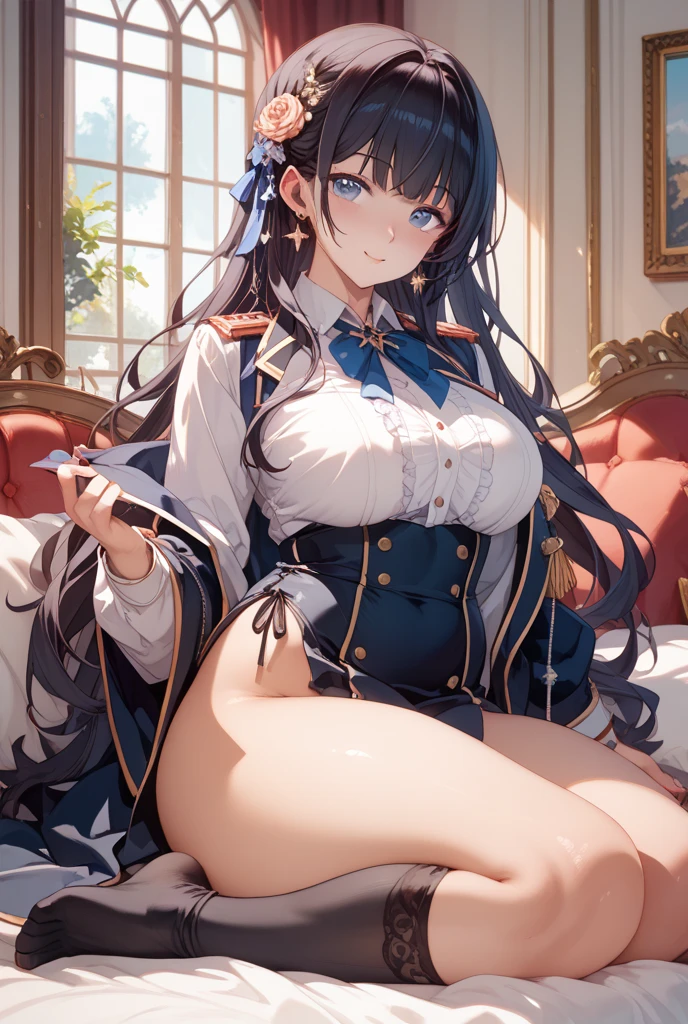 High quality, masterpiece, ultra-detailed, white pantyhouse, white panties, 1girl, solo, peaceful expression, long black hair, enchanting eyes, blue and yellow eyes, heterochromia, fox ears, ridiculously large breasts, breast rest, shiny skin, bedroom, christmas, balloons, a lot of balloons
