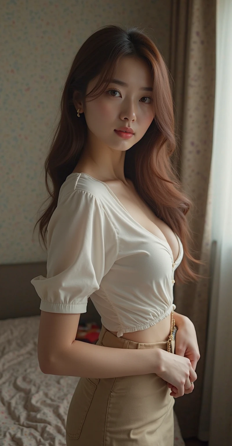 Sexy girl in old street, (hoop earrings), orange ginger hair, detailed scene in street photography, ginger girl, lipliner, eyeliner, long detailed hair, (smooth legs), (wearing a choker, wearing sexy makeup and eyeliner), ((wearing a loose shirt with deep cleavage)), navel, soft body, soft stomach,