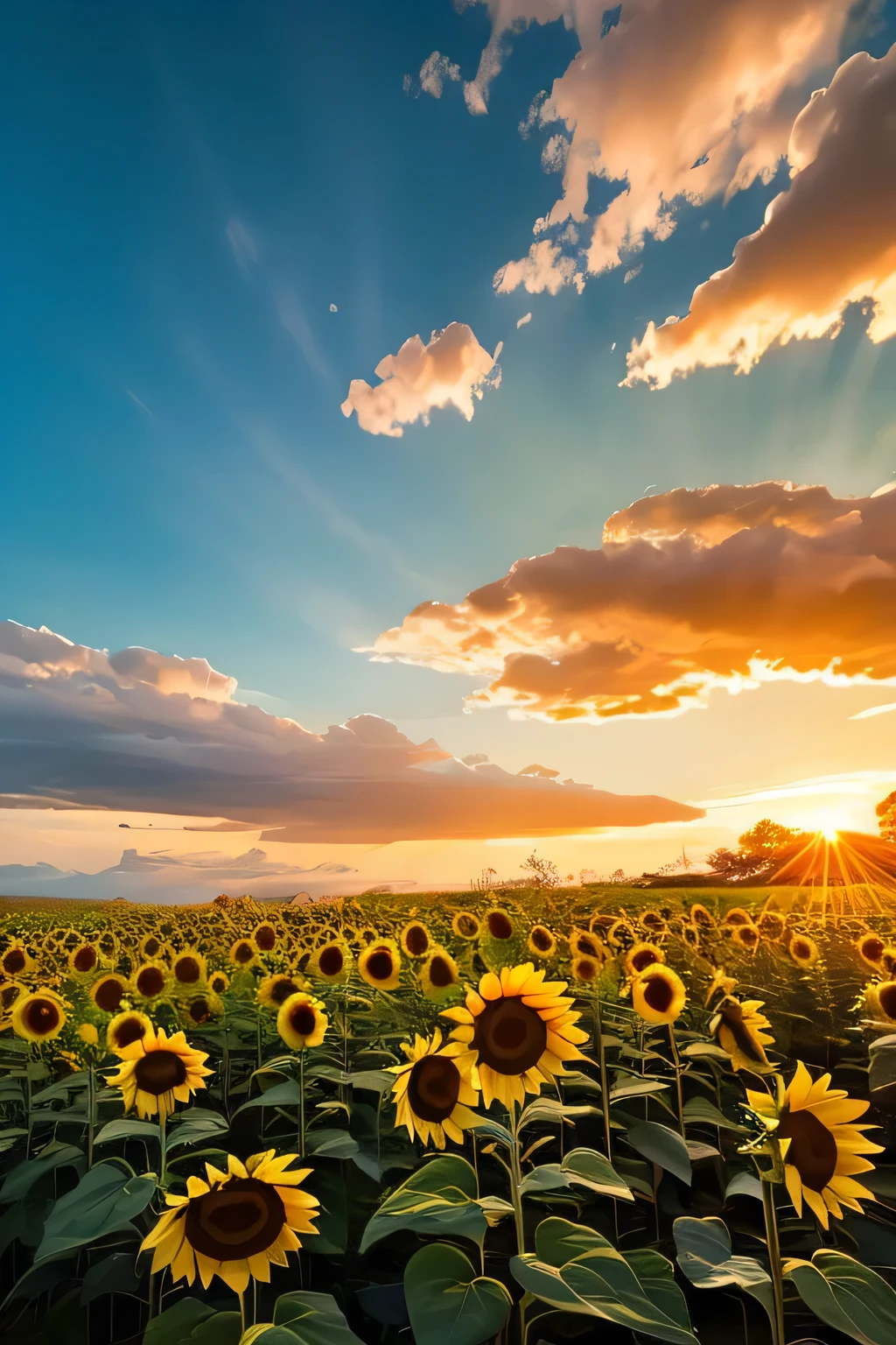 impressive sunflowers are in full bloom, reflect that bright yellow。petals spreading outward from dark brown, textured center. flowers are prominently arranged on the front, Its symmetry and sunlit glow are drawing attention. Leaf veins are visible、green leaves with slightly serrated edges、branches off from the sturdy ones. The stem, 。of petals against a calm sky with pink stripes It contrasts with the warm tones and. Background, gently blurry sunflower fields the main subject, 桃色の縞模様のある穏やかな空をBackground, suggests early morning or late night light. gentle color gradations、enhances the scene's quiet and natural atmosphere。, represents a calm summer day、highlights the sparkling beauty of the surrounding sunflowers.