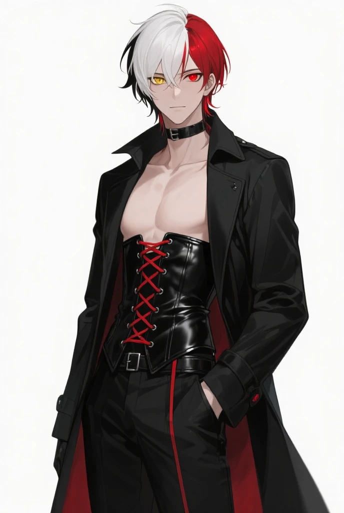 1boy,androgynous, bodybuilding, black messy hair, wide extremely vibrant red eyes, hd, masterpiece, vibrant, red high heels, slim fitted red hoodie, slim black super shorts, full body view, wild smile, black stockings, male bulge, bulge