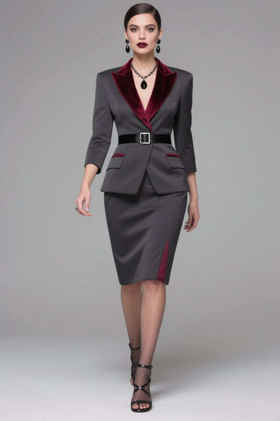 (Character: one Israeli woman, 30 years old, brunette, medium hair)
(Clothing: wine red lawyer clothes, high heels shoes)
(Pose: full body shot:1.7, perfect proportions, (face detailed))
(simple background)
(((masterpiece:1.5)),, photo-realistic:1.3, hyperrealistic, , high contrast, soft lighting)