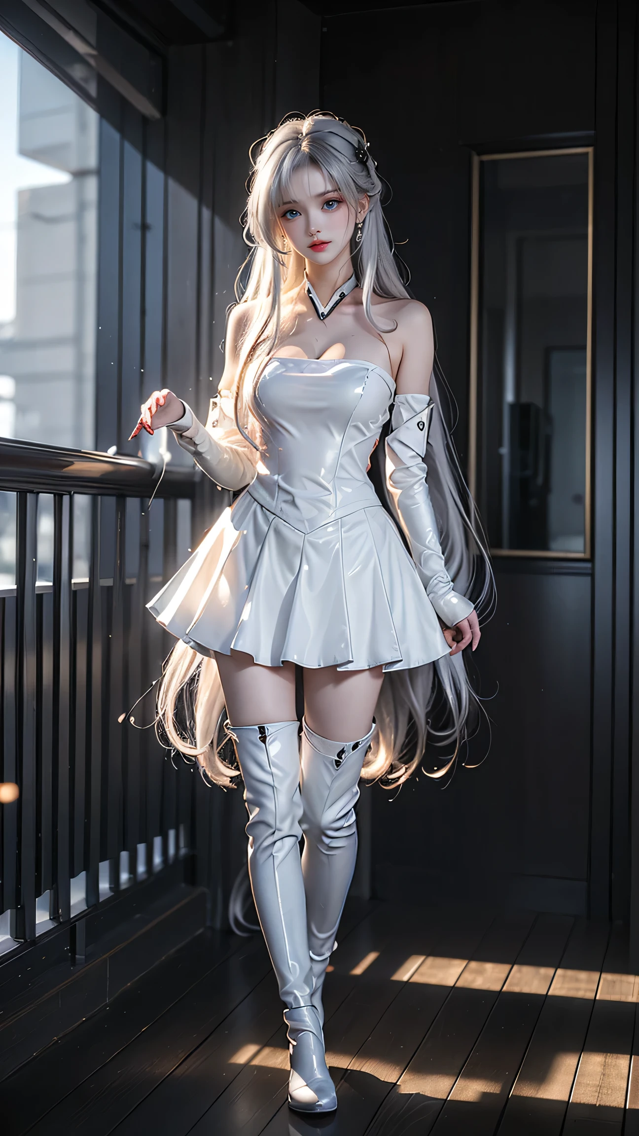 first-person view,long_hair,white_hair,red_eyes,white pantyhose,mecha girl,evening dress,, camel toe, ชุดรัดรูป , กางเกงในสีขาว,
