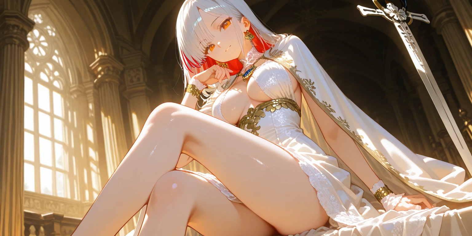 fullnuse, ( High quality, ultra-detailed, masterpiece, concept art, smooth, highly detailed artwork, hyper-realistic painting ) , young, tiny , allured, cute, whole body, Romantic, (no bra), enchanting glow, very detailed art, (no panties), perky niples, charming smile, love, transparent, young girl, (small breasts:1.3), (skinny girl), stylish, looking at you, piercing gaze, bottom angle, picturesque castle courtyard
