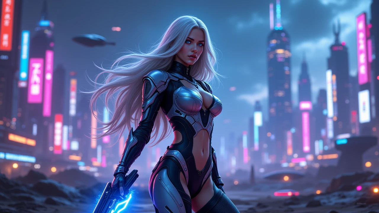 masterpiece, best quality, 1girl, ives , Mecha, beautiful lighting, (Neon light: 1.2), (night: 1.5), "masterpiece, best quality, 1girl, full body portrait, sensual pose, blue eyes, multicolored+silver hair:1.3+red:1.2+purple+yellow:1.3+green:1.3, sculpted legs and tempting curves, full breasts, pretty face, lots of water drops, cloud, Twilight, open shot, Watercolor, Neon light: 1.2, night:1.5, Mecha, beautiful lighting, bright neon light: 1.2, unforgettable mysterious night: 1.5"