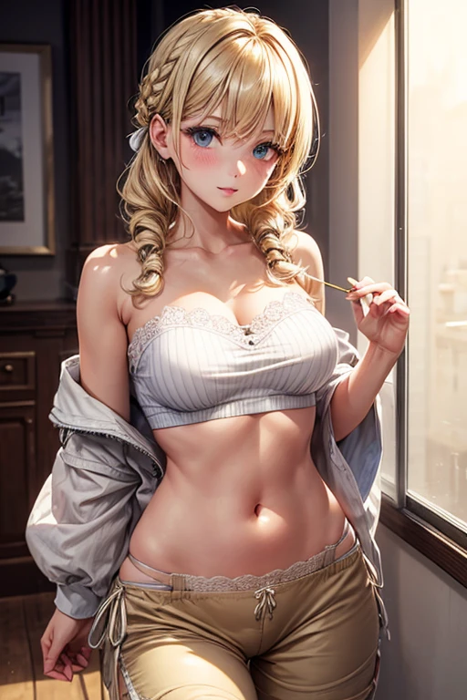 Best Quality,High resolution,8k,finelity detailed background,Masterpiece:1.2),beautiful girl,Glossy blonde,crossed bangs,Khaki Eyes,Gentle look,A refreshing look,Smiling Kindly,Best quality,Best Quality,Aesthetic and aesthetic:1.2,Best details((Super detailed))(High-definition CG illustrations),Upper Body,Dark grey underwear, (dark gray),Slender body,night,moon,Bedroom,On the bed,smile,blush,cute,Scrounge,Looking up,Being spoiled,super model,wariza,shoot from,below