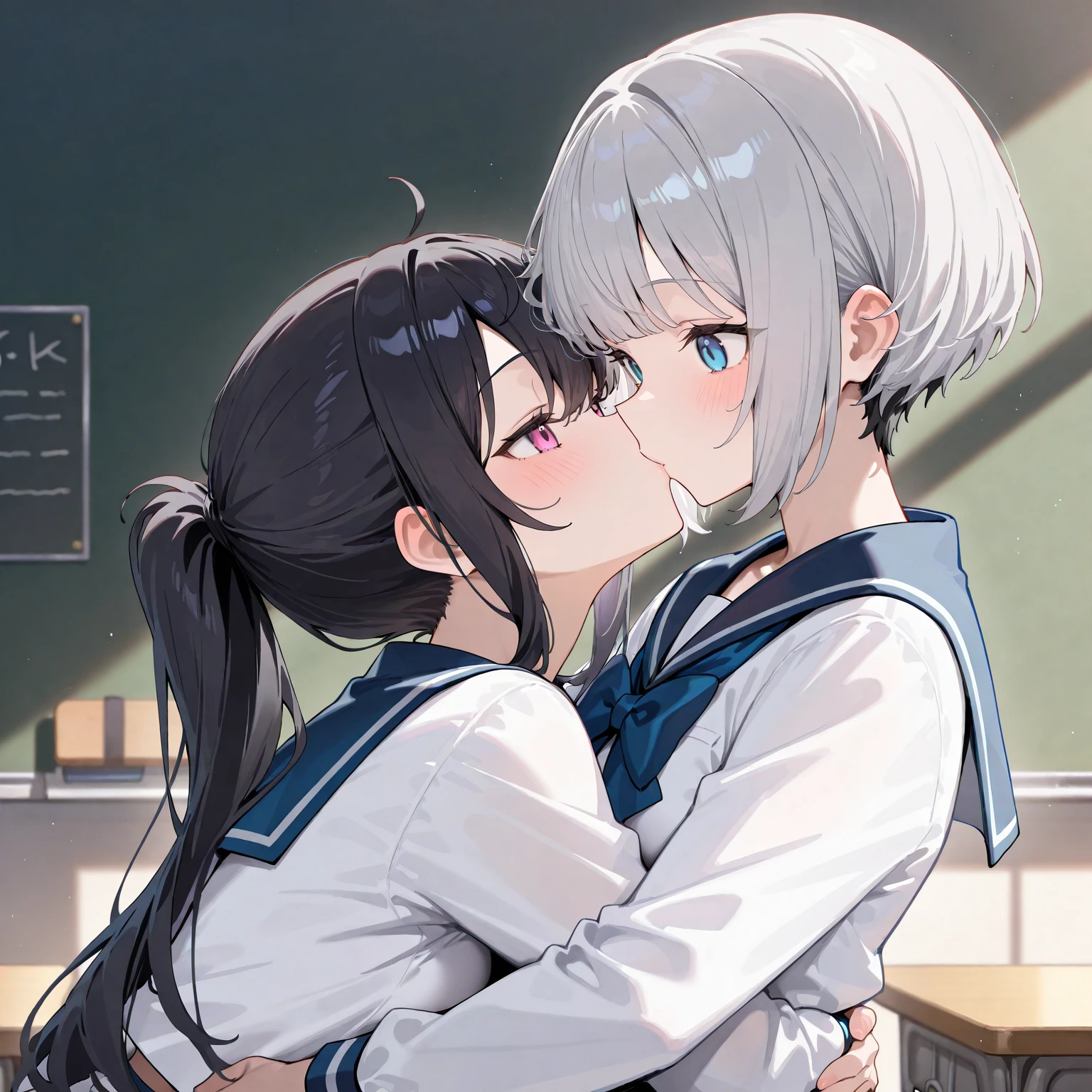 (Cute eyes:1.2), (classroom:1.2),(Beautiful Eyes:1.2), Highest quality,wonderful,finely,Highly detailed CG Unity 8k wallpaper, (Hug from behind:1.3),(kiss:1.3),(Two people with height difference:1.5), (Two Girls, Sailor suit, Skinny body, Dressed), (Huge breasts), (Open your mouth:1.1),(White knee socks:1.3),(Thighs:1.3),(Waistline:1.2),(お揃いのSailor suit:1.2),(From behind:1.2),(Beautiful eyes:1.2),(Different hairstyle),(They both have different eye colors:1.5),(They both have different skin colors:1.5),(Thighsまで隠れるニーソックス:1.2),(Very short skirt:1.3),(Arms don't stick together:1.2)