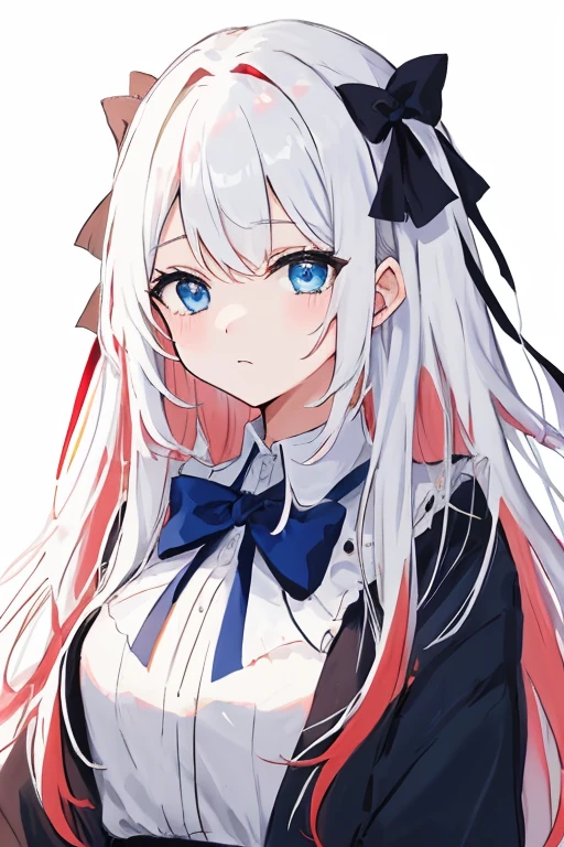 an anime character wearing a pretty dress and holding her hands in front of her, 1girl, solo, animal ears, multicolored hair, blue eyes, blue necktie, long hair, heterochromia, necktie, red eyes, streaked hair, white hair, shirt, blue hair, breasts, looking at viewer, white shirt, skirt, hand on own chest, blush, hat, long sleeves, bear ears, red hair