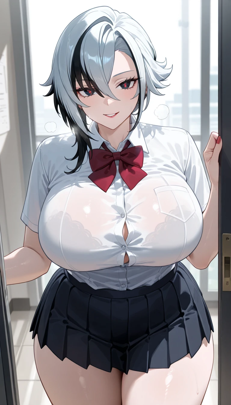 masterpiece, best quality, ultra-detailed, illustration, colorful, flat color, depth of field, 1girl, noel shirogane, anime, sitting, silver hair, short hair, green eyes, looking at viewer, at office, white shirt, black tie, black skirt, pantyhose, black pantyhose, detailed skin texture, detailed cloth texture, beautiful detailed face, seductive grin, huge breasts, (unbuttoned shirt), breasts out, topless