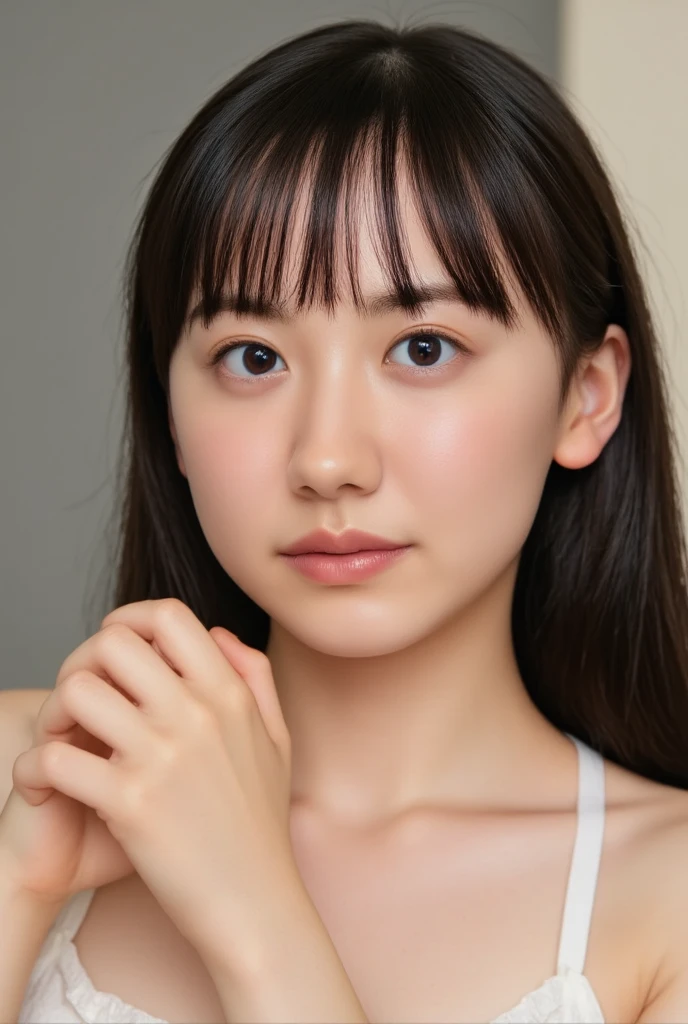 (Highest quality, 8k, 32K, masterpiece), (Realistic), (Realistic:1.2), (High resolution), Very detailed, Very beautiful face and eyes, One Girl, Delicate body, (close, Highest quality, Attention to detail, Rich skin detail), (Highest quality, 8k), Very detailed, (Realistic, Realistic:1.37), Bright colors, (((Completely naked))), (((Pure white wall background))), (((Look straight ahead))),(((((Small breasts))))),(((Head to knee portrait image))),(((whole body))),((((Nude Photos)))), ((Naked Japanese woman standing facing the camera:1.6))