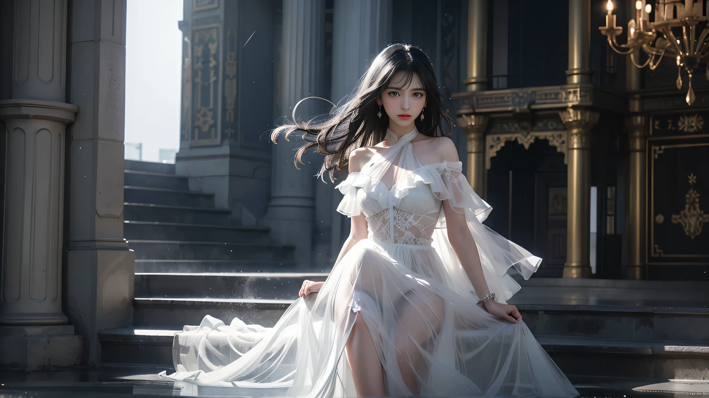 ((Girl standing in front of the wall of an old castle))、Fluorescent color、1 girl、Look to the side、Beautiful Face、Beautiful Eyes、(Off the shoulder:1.2)、Upper Body、Shiny Hair、Glowing Skin、 Reduce glare、Adjusted finger proportions、escrow、ass pov、Dynamic Angle、(((Master Parts)))、(((Highest quality)))、(((Super-detailed))) detailed)、(An illustration)、(detailedな光)、(Very delicate and beautiful)、dramatic_Shadow、Ray_Tracking、reflection、 Ultra-high resolution、((Colorful hair with black streaks))、 Her hair flutters in the wind、(big deep blue eyes)、Black-haired woman、 Sparkling butterfly、Black-haired woman、Points of light around the woman、Magical Aura、Green dot、About Auras Nature、超Magical AuraBlack-haired woman,((Translucent white open shoulder dress:1.3))、(Sleeveless)、((My skirt is flying up in the wind)),((An old European castle looms in the distance)),((White panties are visible)),