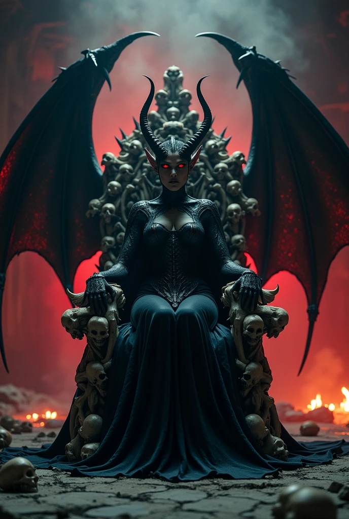 Lisa Ann ultra-detailed: The Empress of Darkness, Background to the destruction of hell, diabolique, insidieux, invincible, couronne sombre, Evil queen, Robe noire et rouge, demon wings dans le dos, Demon horn, Realistic detailed eyes,  Shaded illustration of a high-quality cell in hell, corps entier, pose dynamique, anatomie parfaite, centered, Freedom, soul, Approche de la perfection, Ombrage de cellule, 8k , Cinematic dramatic atmosphere, Illumination globale, detailed and intricate environment, ArtStation, Art conceptuel, mise au point fluide et nette, volumeric lighting, lighting cinematic