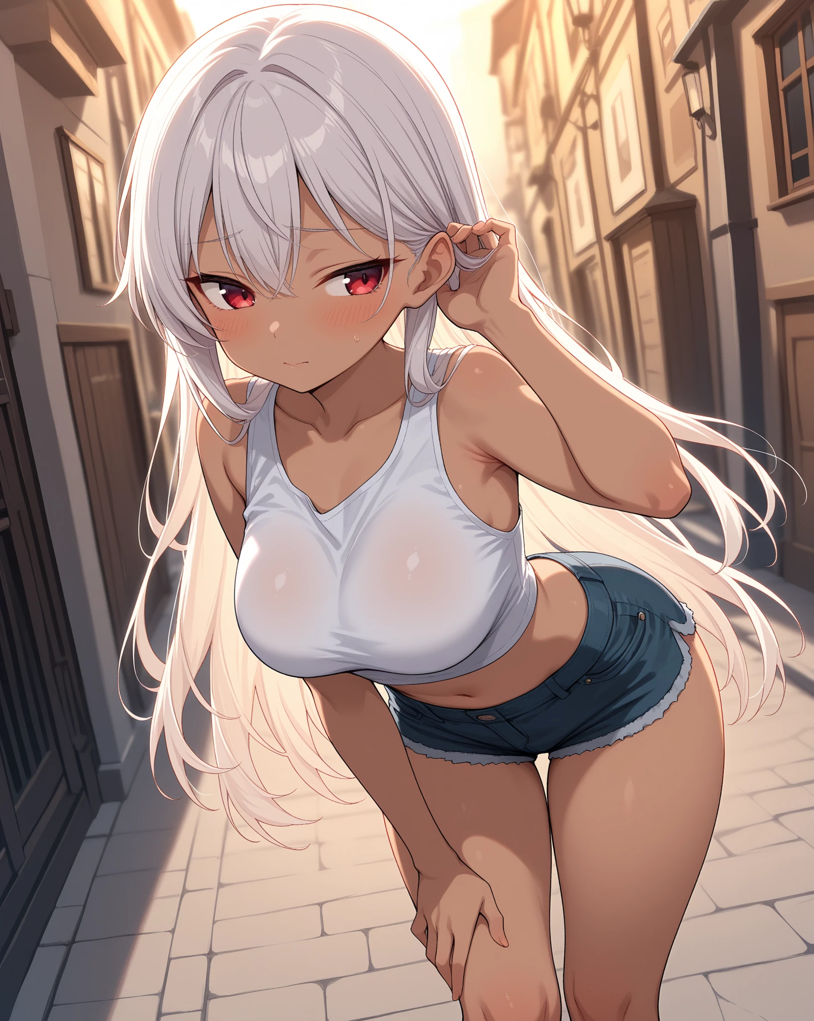 (topless), nsfw, masterpiece, magazine cover, 1 girl, erect nipples, las vegas, neon lights, nipples, high angle, intricately detailed, navel, necklace, holding smartphone, beautiful face, denim shorts, smiling, extremely detailed, photorealistic, octane render, 8 k, unreal engine. horse ears, horse tail, bare breasts, bare stomach, sweaty, detailed, cowboy shot, small breasts, puffy nipples, black belt, leg strap, hair ribbon, texts, sexy, shirtless, bare arms, hands on waist, short white hair, flat chest, slim waist, petite body, night, outdoors, desert