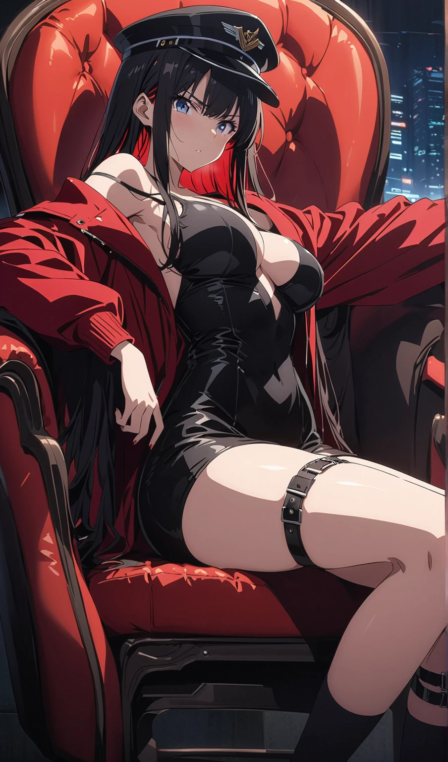 Dark style, black hair, white skin, red eyes, long hair, bangs，underwear，succubus，sitting，Sweat，Soaked，transparent，open legs，sofa，arrogant