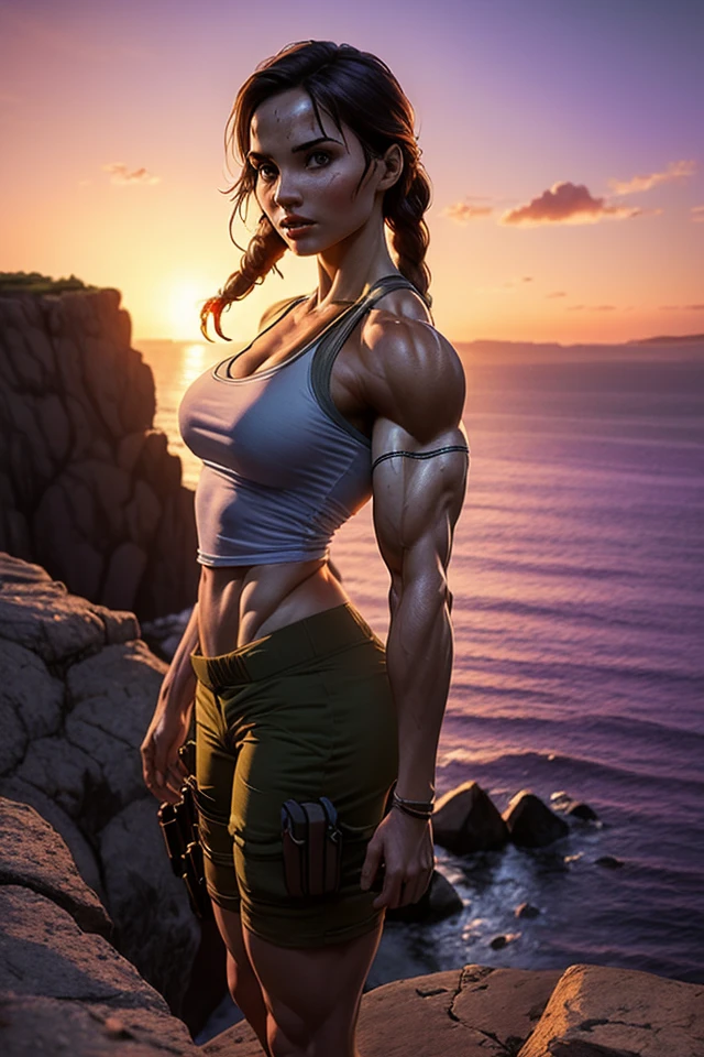 solo, (beautiful female:1.4), (nice shark girl),  ( fit, abs), busty, big erect breasts, slim waist, (black hair),  ( female shark | Lara Croft ), (((female))),  orange body scales, white belly,  (kemono:1.4)
( khaki shorts ), lightblue crop top, ( pistols gans on hips | in hands ), wide belt, thick and long braid, (red round glasses), ( small backpack on her back),  e621, (female body), seductive body, sexy, 
 shark  tail, cameltoe,  (body portrait), slim swimsuit, 
, (detailed eyes, green eyes, glowing eyes),
(outdoors),   ocean beach , candle, night, (particles ,firefly, blue glowing), 
detailed background, photorealistic, realistic hands, 8k HD,
(dark shadows, wide dynamic range, hdr, low light:1.2),
by (by Pino Daeni, (by ruaidri), (by virtyalfobo), (by Kenket). by iskra, by darkgem,