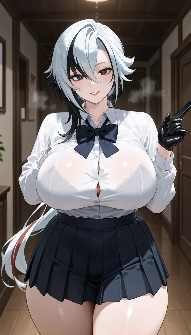 Arknights SilverAsh Super huge big breasts breast enlargement A man in a white fur coat and black tuxedo stood on the spaceship looking at the camera and smiling.