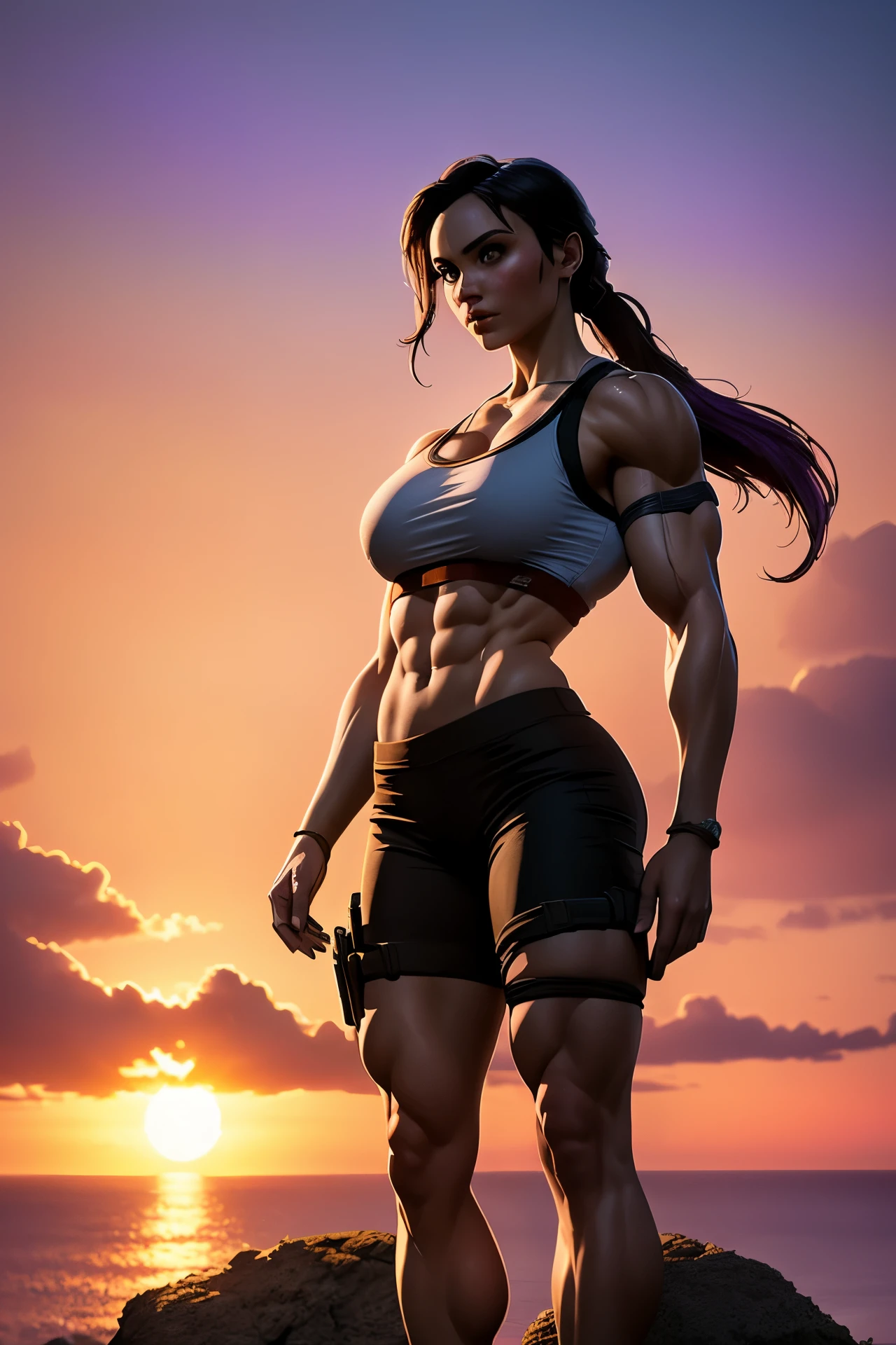 Draw a square (1:1) photorealistic image of Lara Croft with muscles, standing on a rocky cliff at sunset. She gazes into the distance, with her hair blowing in the wind. The sky is vibrant with orange and purple hues, emphasizing her adventurous spirit.),