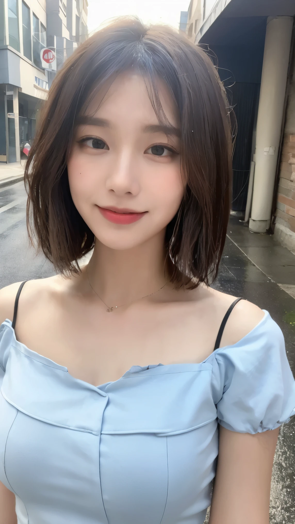 table top, highest quality, figure, super detailed, finely, High resolution, 8k wallpaper, 完璧なダイナミックな構figure, detailed and beautiful eyes, summer dress, short cut hair, big breasts, natural color lip, random sexy poses,smile,Aoyama Street Walk、20 year old girl