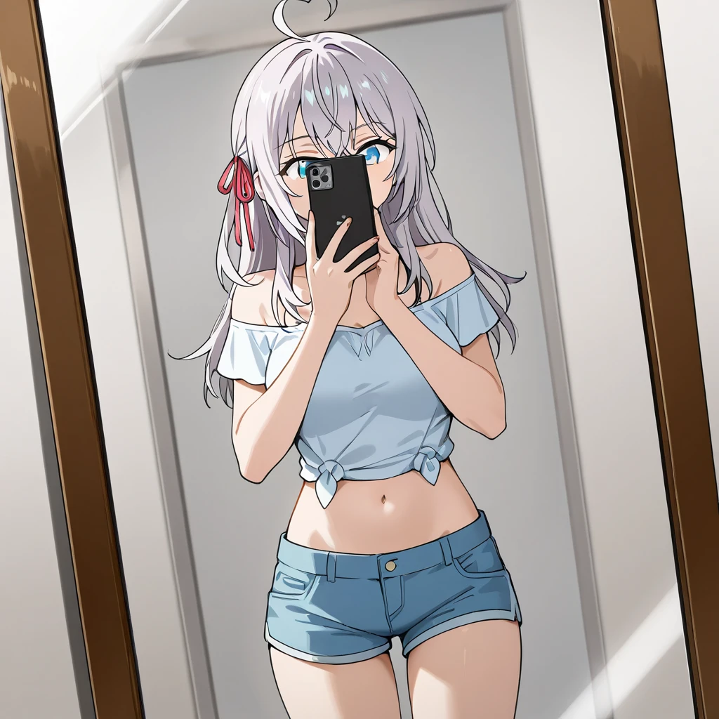 NSFW, white hair, blue eyes, medium straight hair, medium breasts, solo, changing clothes, selfie, full body, blushing, shy, thin underwear