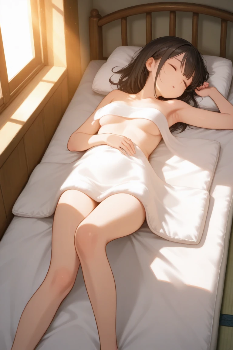 The girl is naked，The cloth covers only the chest，Sleep on the beach，Legs are spread apart