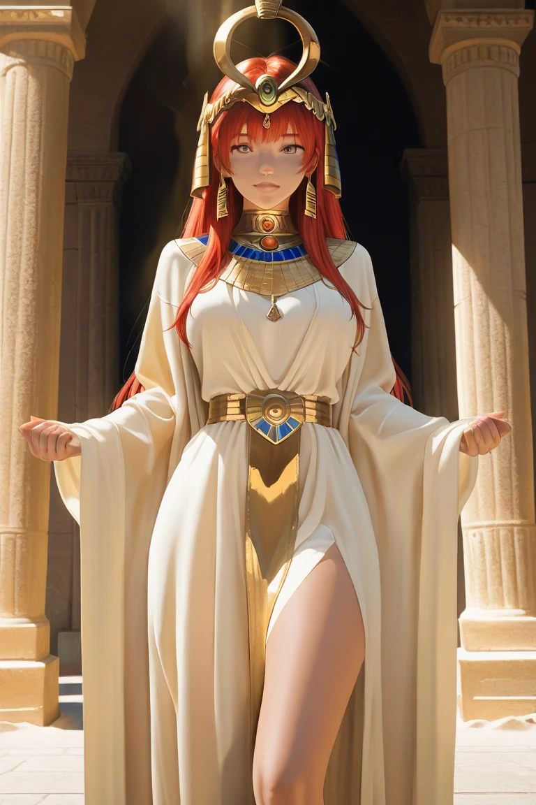 ((masterpiece, best quality, ultra-detailed, ultra-HD, photorealistic, cinematic)), (medium camera shot, from below:1.5), (sitting crossed legs, sensual pose), (1girl), (alluring and thicc Egyptian princess:1.4), perfect anatomy, perfect face, (bursting breasts, large cleavage), proportioned hands, (straight long red hair:1.3), (wearing white Egyptian gown, with black and gold highlights:1.4), (wearing gold accessories), ((Egyptian desert)), (detailed pupils, detailed eyes, blushing, nude lips, slightly parted lips), (looking at the viewer)