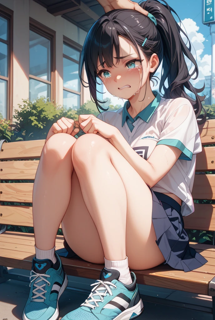 a matter of fact, daytime, sunlight, 1 woman, 8K resolution, ponytail, blue hair, blue eyes, glowing eyes, white short skirt, Blush, tennis court, sunlight, sleeveless shirt, Wet from the rain, seethrough, Sit with your knees raised, Spread your legs, M leg, pussy, embrarass, the skirt is blowed up, highest quality, High resolution, highly detailed face, perfect lighting, Very detailed CG, (perfect hands, perfect anatomy), minami nanami, perfect figure, view from, below, in love expression, bottomless,