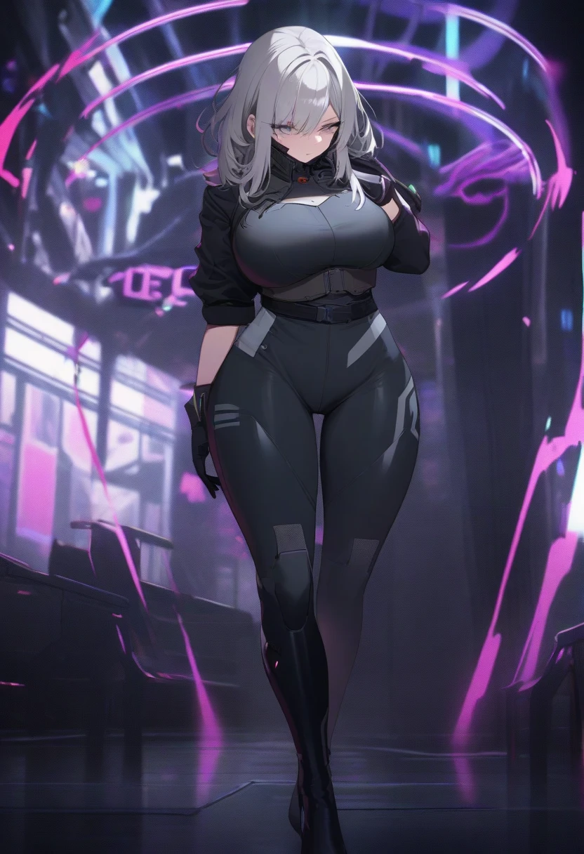 1girll, future warrior,cabelos preto e longos,flowy,crisp breasts,Toned Thighs,Tattooed with,Chest bumps,Wears a black combat instrument on his head,Black tight-fitting one-piece leather suit all over,Black boots,There are round metal rings at the wrists and ankles,epcot,cyberpunk building,Detailed background,Clothing details,perfectly proportioned, Cinematic lighting, filmgrain, Fuji colors, lightand shade contrast, 8K, 巨作, Textured skin, Super detail, high detal, high qulity, A high resolution,