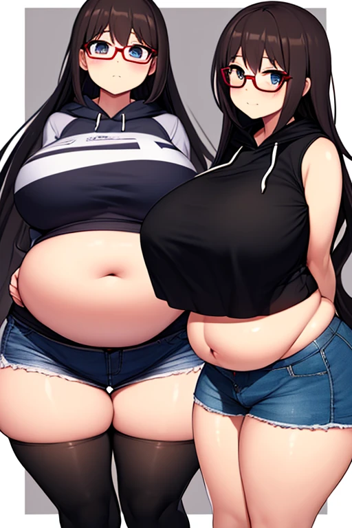 three extremely fat and large women hugging, huge bust, 300 pounds, black pants, massive stomach, lovehandles, smiling, bbw, plus size woman, belt, obese, hand on shoulder, wearing a baseball cap, black sweater, black jacket, voluptuous body, leaning backwards, topless