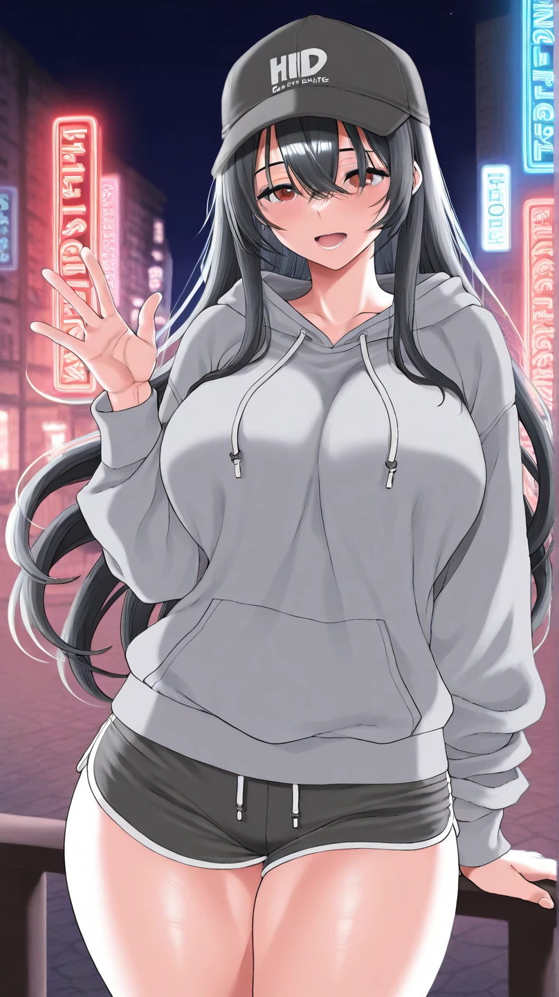 (masterpiece:1.37), best quality, (extremely detailed:1.37), woman, mature, adult, large breasts, very long hair, (straight hair:1.5), dark purple hair, purple eyes, (extremely detailed eyes:1.37), hoodie, jeans, (groin:1.25), desperation, (wetting: self 3.0), standing, city, futuristic, neon lighting, high-tech, street