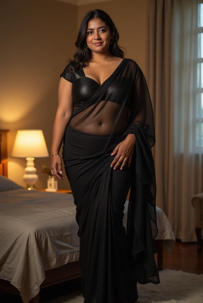 30 year old plump indian women with big brown eyes, full red lips, maroon saree and black blouse,embroidery,showing her perfect back to camera in saree,saree below her waist