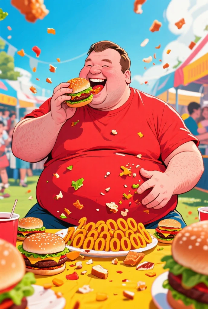 A Fatty Man eating junk foods 8 k realistic with a ugly face