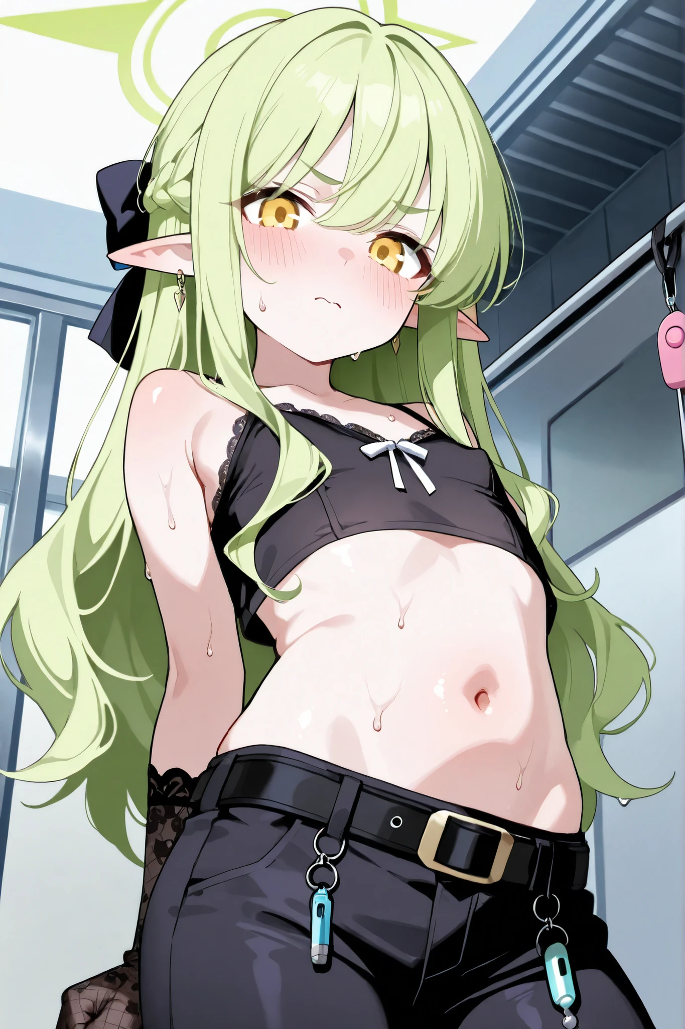 (masterpiece:1.2), hyper detail, best quality, (intricate_details:1.1), beautiful detailed, beautiful hair,Pupil details, solo, 1girl, highlander_sidelocks_conductor_\(blue_archive\), 1girl, highres, white_gloves, pointy_ears, green_halo, peaked_cap, black_hat, demon_tail,long hair,tareme eyes,👁️∆👁️,from below,looking down,pov,((open jacket)),((jacket half off shoulder)),upper body,bare shoulder,shoulder,(sideboobs),hand holding jacket, sweating,heavy breathing,steam,blush,greasy shoulder,from below,looking down,flipped hair,armpit,greasy armpit,from side, shoulder focus,slim,small breasts,((white bikini)),sweating,greasy shoulder,from below,looking side,flipped hair,armpit,greasy armpit,from side, shoulder focus,((armpit focus)),bare shoulder,upper body,five fingers,(sideboobs),five fingers,((greasy armpit)),((smooth armpit)),((Pupil details)),((Stretch oneself)),((hand on chest)),((five fingers)),((Detailed armpit)),((elastic armpit)),((soft armpit)),pov,((rosy skin))