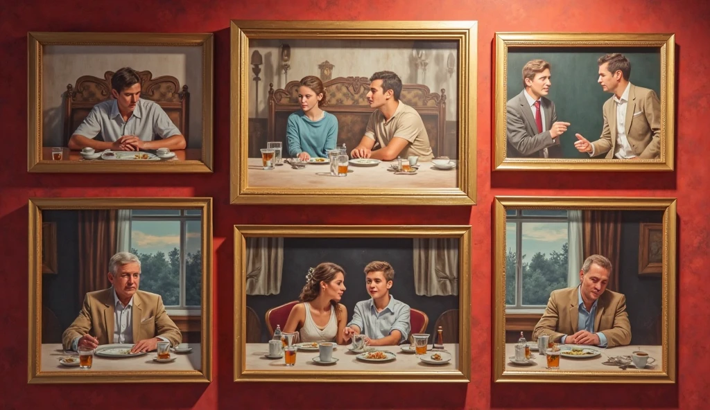 in oil painting romanticism and realism style, full body of a young man having dinner with an old man and an old woman in a simple dining room humble look and smile, shirtless barefoot wearing shorts, environment of wealth and power, very detailed scene. Red hair, blue eyes, maximum male beauty perfect symmetrical body, slim muscular, focus on the details of your body,