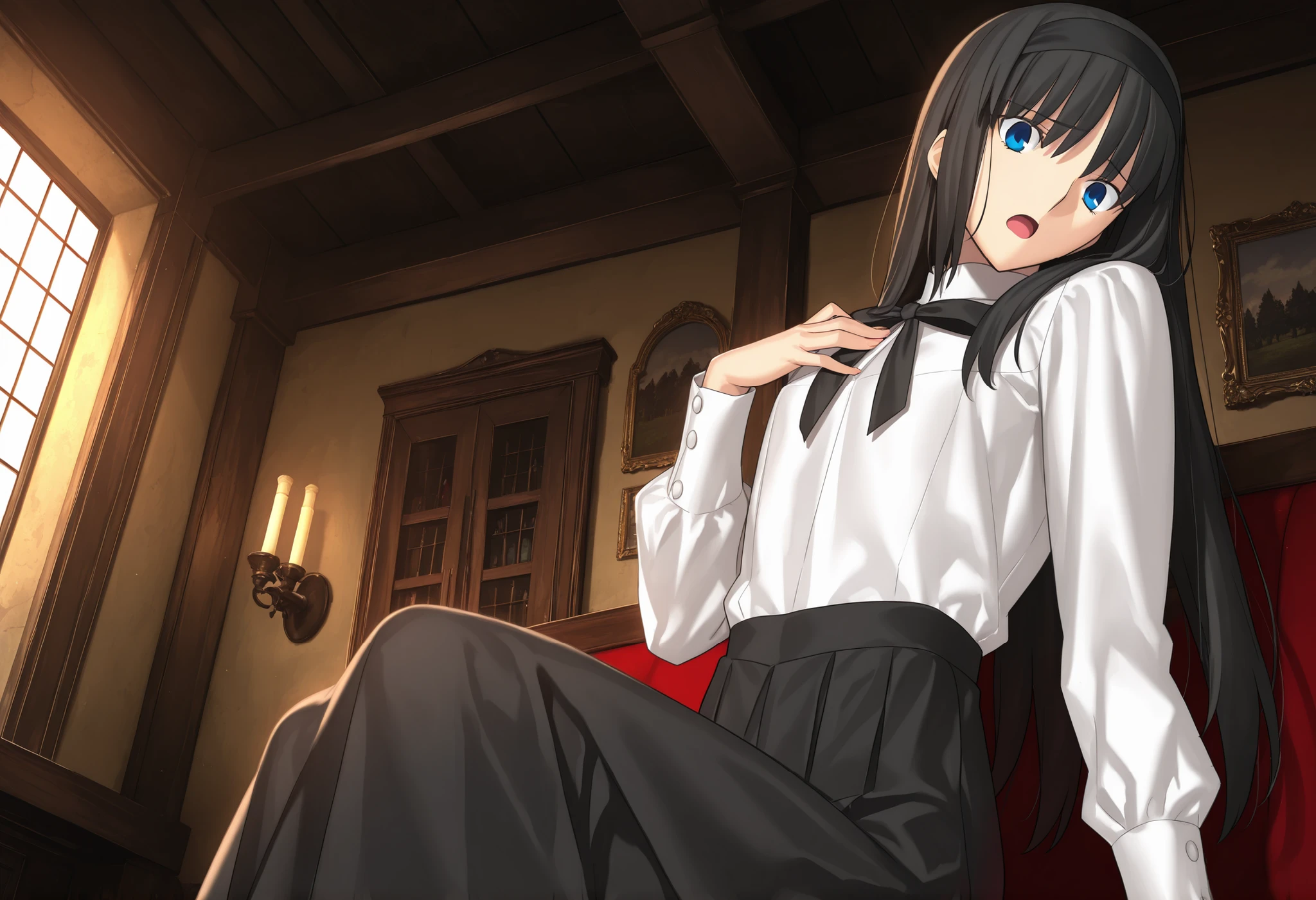 masterpiece, , absurdres, highres, detailed background, high resolution, masterpiece, necessary, detail, best quality, quality, necessary, details, High details, Precise, indoors, medieval interior, gothic, from side, from below, close up,
1girl, , Takeuchi Takashi (type-moon,tsukihime) style, takeuchi takashi style, (aged up:1.5), sitting, ((head tilt)), hand on chest, worried,
tall girl, mature, Akiha_Tohno, (tsukihime), black hair, bangs, long hair, blue eyes, wide eyed, ,black headband, straight hair, tsurime, ,,
(white shirt, black long skirt), black ribbon, (small breasts, flat chest), ,light open mouth, looking at viewer, ,