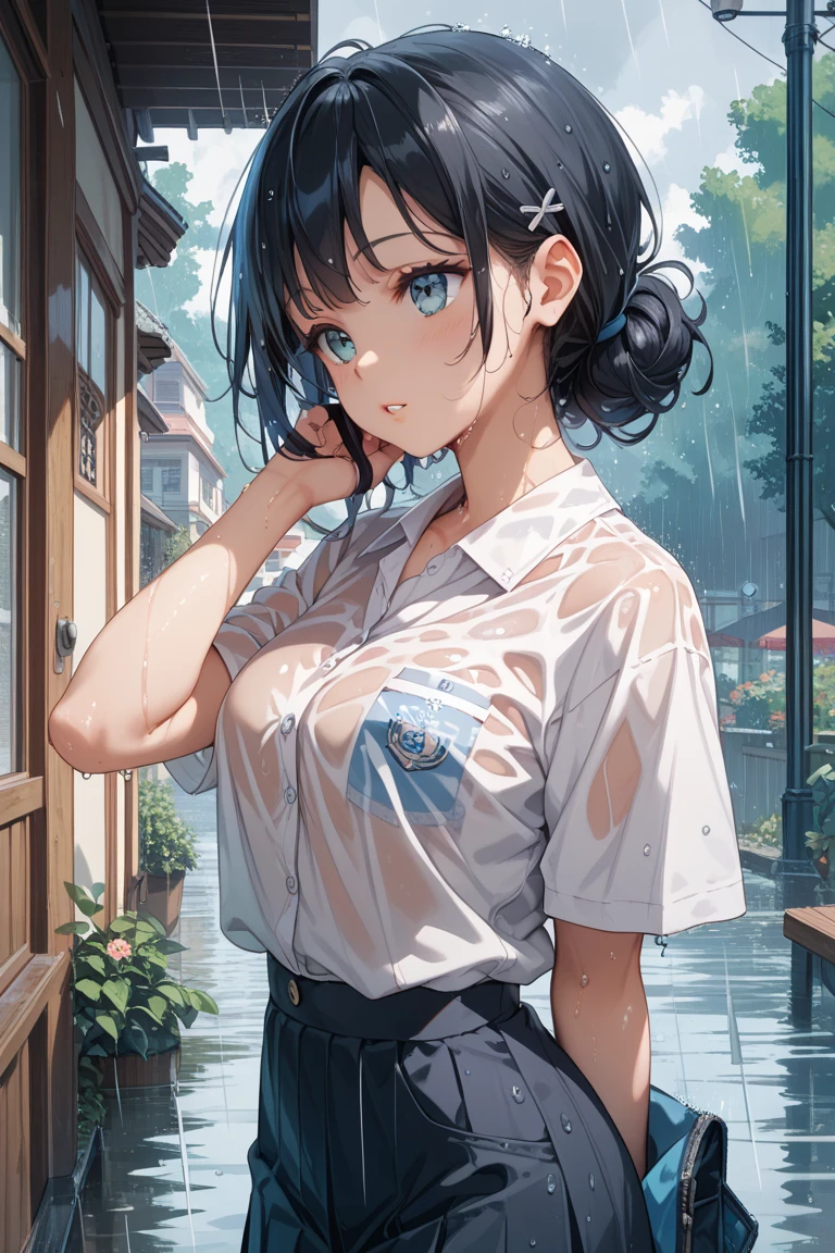 (masterpiece, best quality:1.2), 1 girl, alone , sexy , (school uniform), (cowboy shot) , black hair ,Sweat, rainy