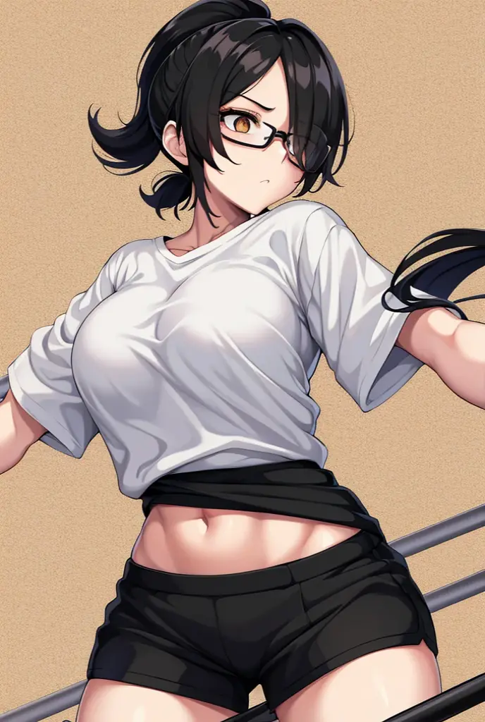 woman, hair over one eye, golden eyes, Tomboy, standing, black sweatshorts, white shirt, looking at viewer, black short hair with a ponytail, bedroom background, round glasses, bags under eyes, tired, solo, using a crutch