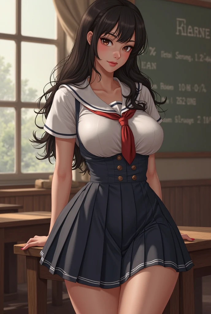 girl, cute, young, teenager face, looking to teacher, smiling, dark blue skirt, legs visible, very small breast, curvy, very thick thighs, transparent fabric, cleavage, no panties, bucetuda, huge butt, butt visible, sala de aula