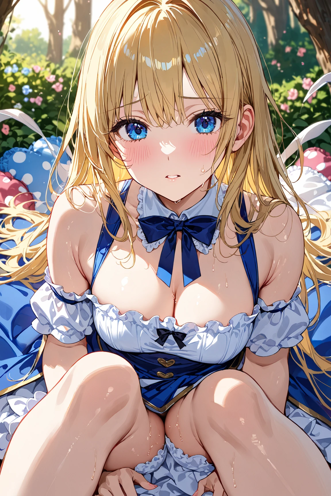 nsfw, best quality, alice in wonderland, light blue apron dress, lemon yellow hair, large breasts, lying on bed, two side up, blank eyes, nose blush, crying, topless, spread legs, spread pussy, creampie, urination