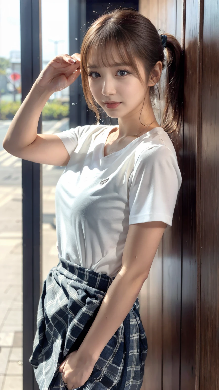 8k, Raw photo, highest quality, masterpiece:1.2), masterpiece, highest quality, figure, Very detailed, Fine details, High resolution, 8k,wallpaper, Perfect dynamic composition,(Detailed high quality, Realistic depiction of eyes:1.3)、A woman who has been and tied up、Hands behind your back、sitting on a bench by the lake、White panties are visible、Facing forward、21talent、Beauty、Well-formed face、Make your eyes even、Beautiful black hair、Has bangedium build、Well-balanced proportions、Beautiful legs、Short sleeve shirt、Long skirt、