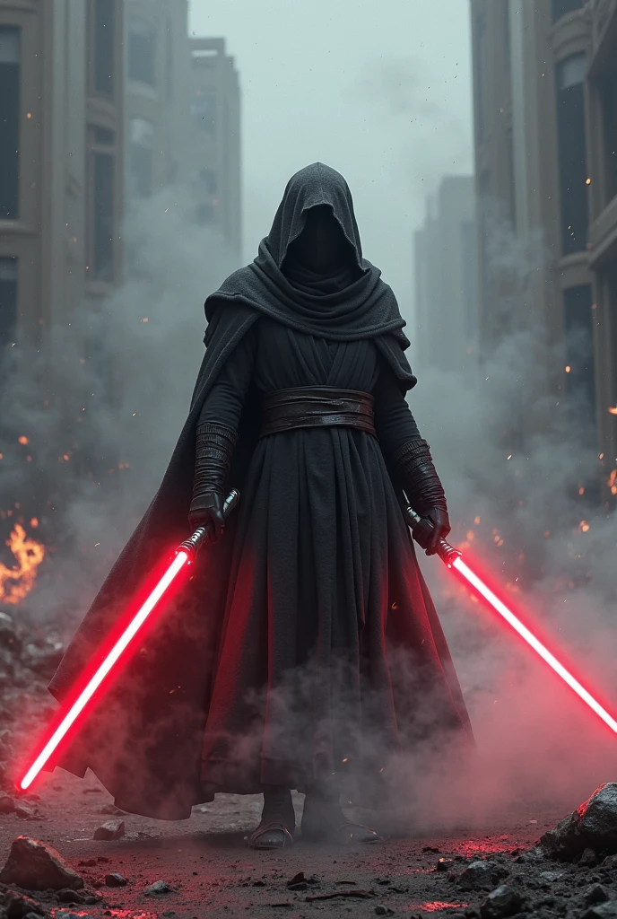 Mysterious Jedi, black and hooded, red lightsabre raised in battle, fire and smoke background