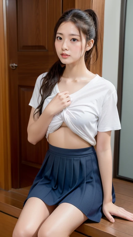 (highest quality, 8k, 32k, masterpiece, Hmph:1.2), (RAW Photos), (Realistic), (Realistic:1.2), (High resolution), Very detailedな, Very beautiful face and eyes, 1 girl,  Round and small face, big breasts and small waist、(((Small breasts)))、(((White wall background)))、Slim figure, (school uniform, Sailor suit、白いSailor suit, Dark blue pleated skirt:1.23), (Bust Shot)、(((Redhead)))、((short sleeve Sailor suit))、(close、highest quality、Attention to detail、Rich skin detail、Hmph)、(highest quality, 8k,  Tabletop:1.2), Very detailed, (Realistic, Realistic:1.37), (((Full Body Shot)))、Bright colors, (((Hand in hand)))、(((Sexy vibe)))、(((20-year-old woman)))、((Bust isＤcup))、(((Light brown hair)))、(((White Background)))、(((Cleavage)))、(((Girlish hairstyle)))、(((Long Hair)))、(((In front of a white wall)))、(((Light brown hair)))、(((I put my hand on my cheek)))、(((He has a wicked smile on his face)))、(((Chest circumference is 85 cm)))、(((Small breasts mischievous expression)))、Sailor suitコスプレ、Cinema Lighting、No underwear