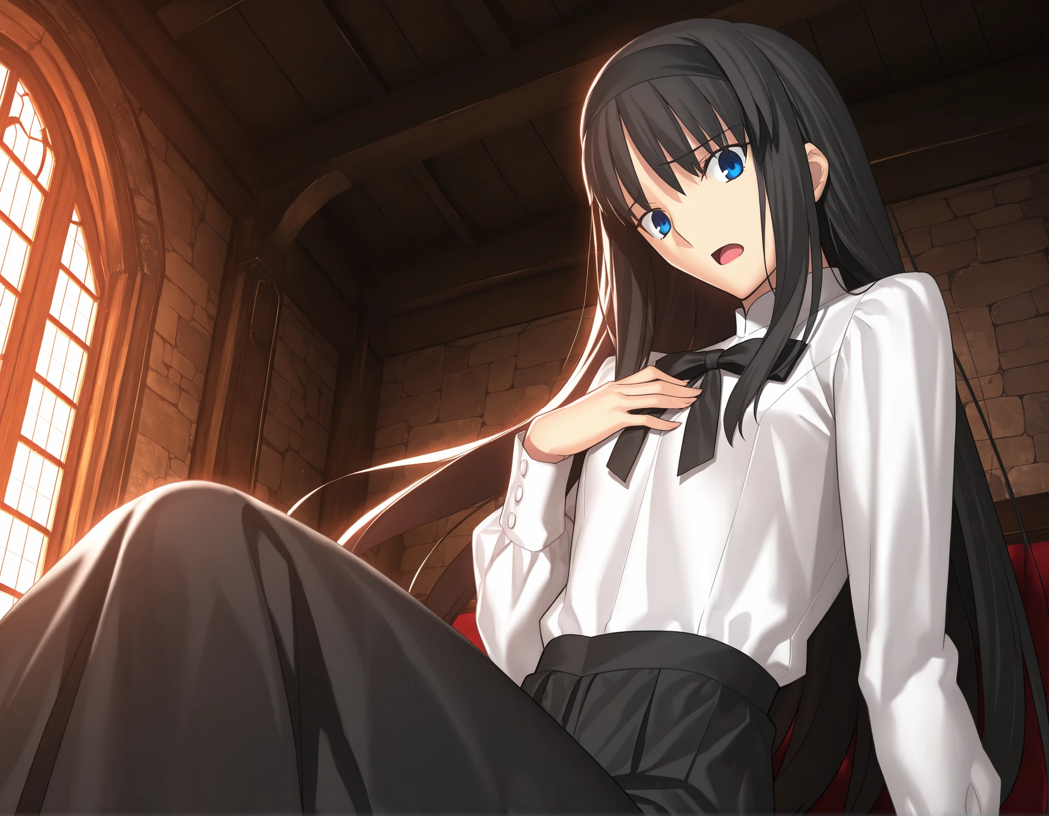masterpiece, , absurdres, highres, detailed background, high resolution, masterpiece, necessary, detail, best quality, quality, necessary, details, High details, Precise, indoors, medieval interior, gothic, from side, from below, close up,
1girl, , Takeuchi Takashi (type-moon,tsukihime) style, takeuchi takashi style, (aged up:1.5), (pantie shot ) , wind lift , panties , sitting, ((head tilt)), hand on chest, worried,
tall girl, mature, Akiha_Tohno, (tsukihime), black hair, bangs, long hair, blue eyes, wide eyed, ,black headband, straight hair, tsurime, ,,
(white shirt, black long skirt), black ribbon, (small breasts, flat chest), ,light open mouth, looking at viewer, ,