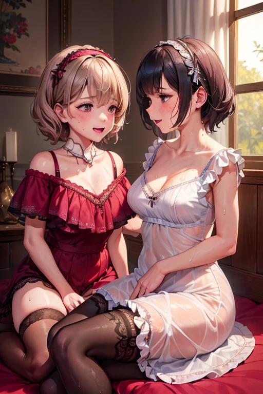 (msterpiece:1.3), (8k, RAW photo, best quality: 1.4), beautiful face, beautiful hairstyle, beautiful detailed eyes, beautiful skin, absurdres, attractive, ultra high res, highly detailed,NSFW, 2 girls in abandoned underground basement,vagina close up,necklace,arms behind back,evil smile, ultra detailed skin,Heavy makeup, flower hairpin,colorful patterned lace dress, dirty ground,on bed,bondage, exposed pussy,double ponytail hair,blood, vagina spurting blood,slim legs,knife,vaginal knife insertion,