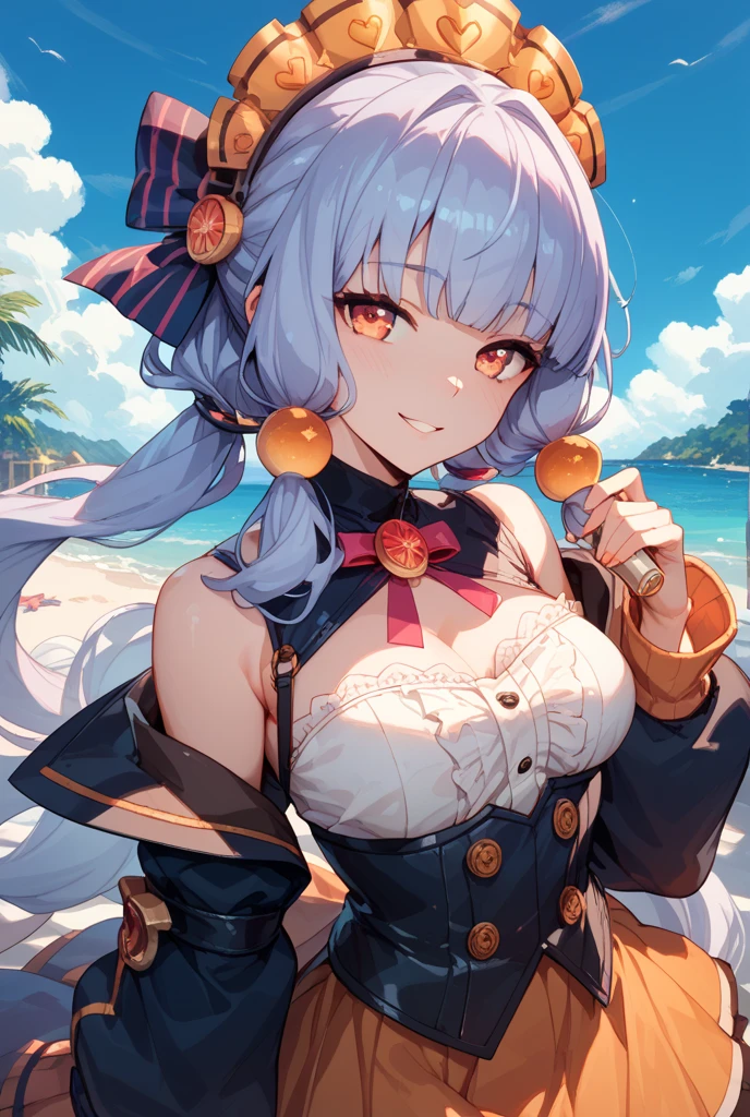 score_9, score_8_above, fountain_cheered up, big breasts, 1 girl, Alone, ship, curly hair, very long hair, by rubio, sombrero, blue eyes, yellow monkey, Shrug \(CLOTHES\), Multicolored gloves, latex, on one side, Arched back, closed eyes, happy, paw posture, yellow background, Sun rays background