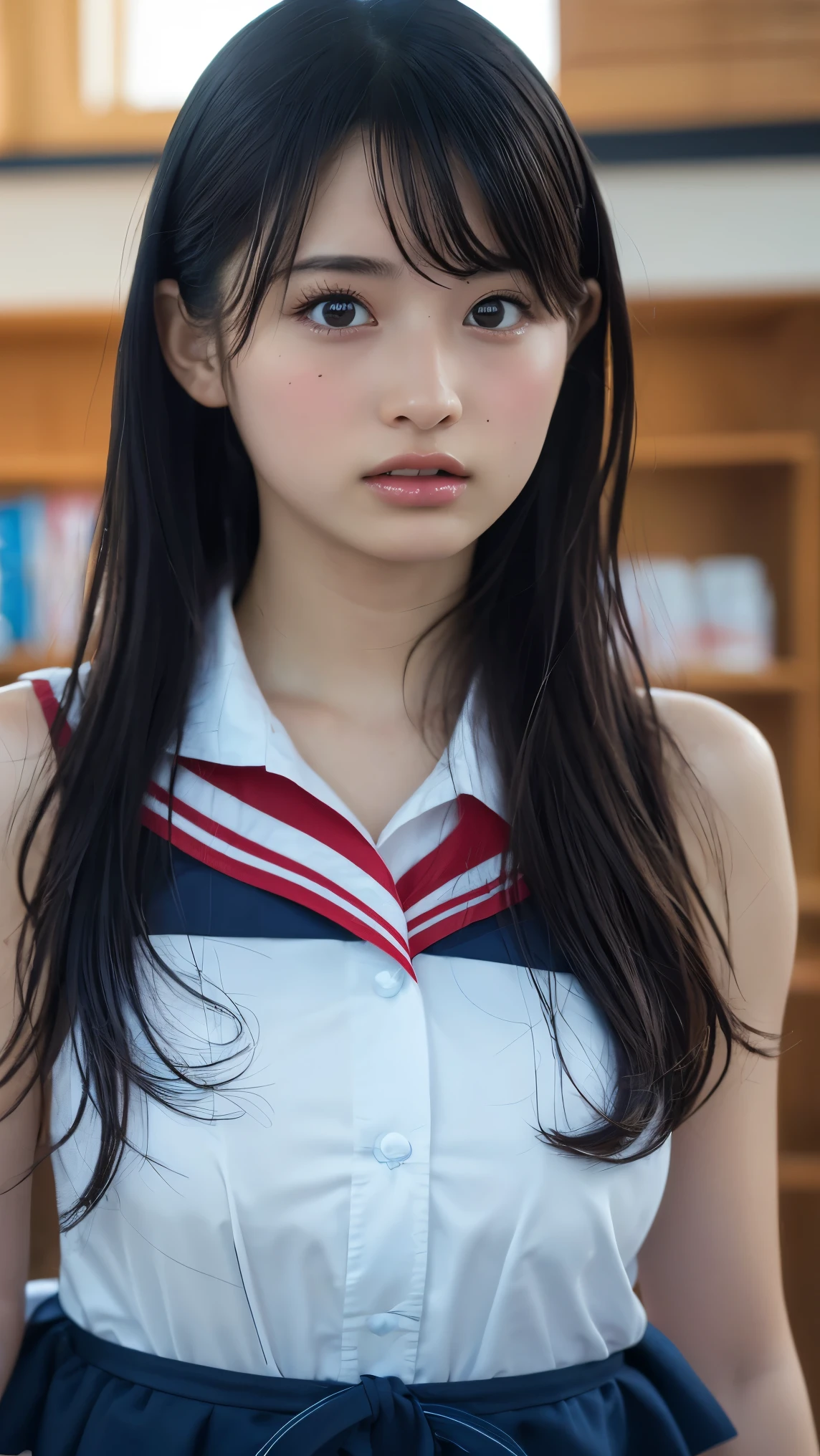 (best quality:1.4),(masterpiece:1.4),(photorealistic:1.4),(Realistic:1.2),(ultra high res, raw photo:1.4),(hdr, hyperdetailed:1.2),(8K:1.2),cinematic photo,photo of black hair,1girl,solo,wearing student uniform,((Japanese classroom))、((Upper Body:1.3))