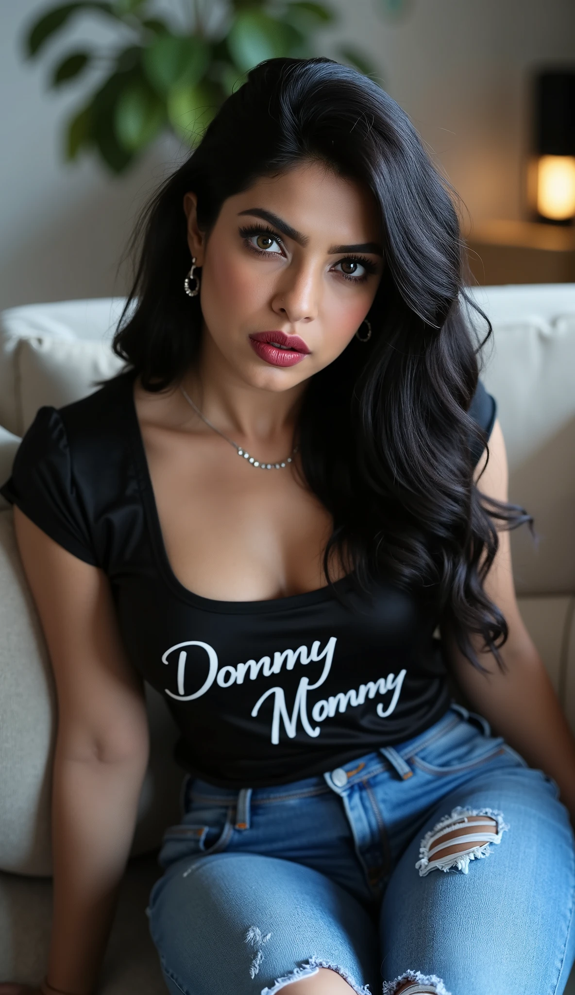 PriyankaChopraFlux, super detailed, blue jeans, black satin top with 'Dommy Mommy' print, (gothic makeup), goth, heavy goth face makeup, eyes gothic makeup, lipstick, sitting very casually on couch and little bit bossy, evil lusty expression, modern apartment living room background, summer afternoon, looking at viewer with seduction and lust