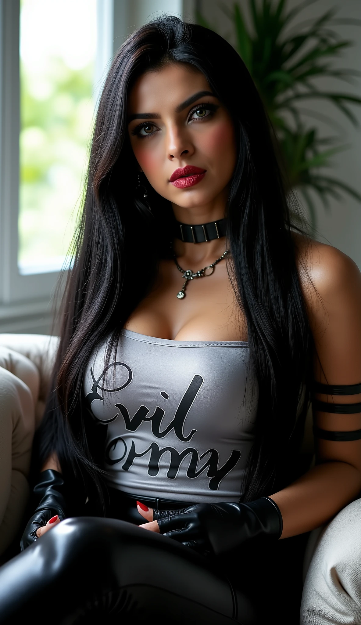 PriyankaChopraFlux, super detailed, long and straight hairs, gothic apperance, black latex pants, silver satin top with 'Evil Mommy' print, (gothic makeup), goth, heavy goth face makeup, eyes gothic makeup, lipstick, sitting very casually on couch, evil lusty expression, modern apartment living room background, summer afternoon, looking at viewer with seduction and lust
