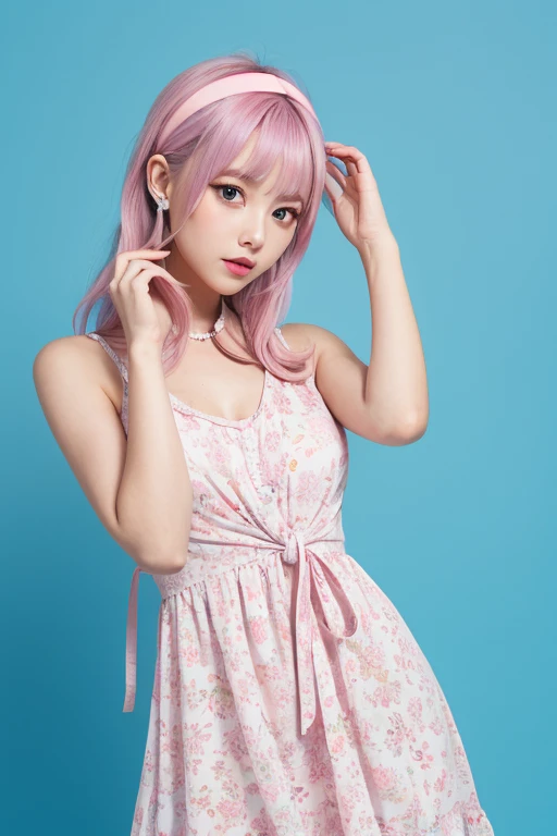girl with pink hair, cute waifu in a nice dress, full body portrait of a short, seductive girl, pink hair and pink eyes, ecchi style, realistic