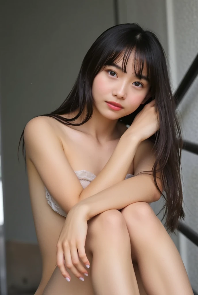 ((highest quality, masterpiece :1.3)), Photorealistic、Ultra-high resolution、Natural skin texture、Hyperrealism、Photograph from the knee up、Beautiful Japanese girl in her early s、Sad expression、The upper body is completely naked、Bright and clean bathroom