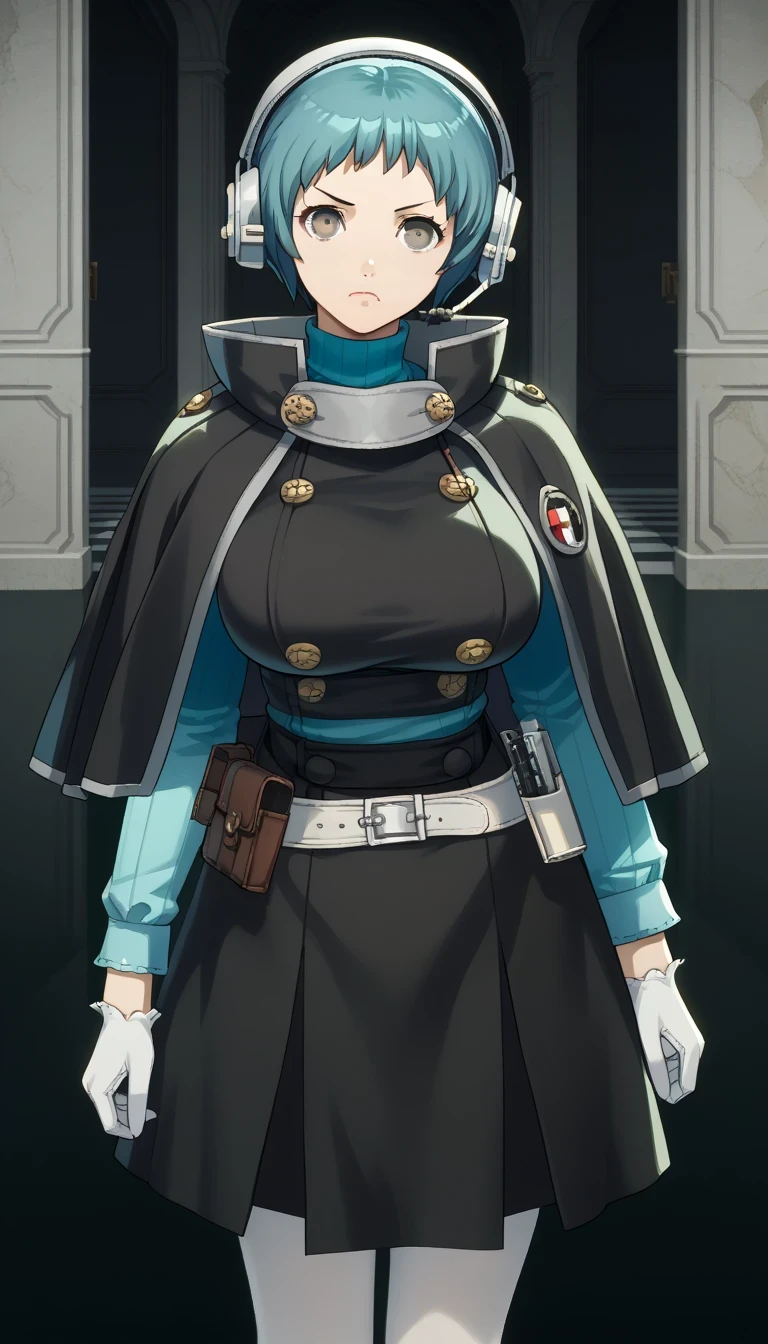 score_9, score_8_up, source_anime
(masterwork, masterpiece, best quality, hyper-detailed :1.2),
1 girl, solo, cute face,
p3fuuka, yamagishi fuuka, short hair, aqua hair, gray eyes,
p3fuuka-sees, headphones, headset, turtleneck, aqua turtleneck, capelet, black capelet, skirt, black skirt, pantyhose, white pantyhose, gloves, weapon, gun, belt, white belt, holster,
indoors, hallway, stone walls, stone floors, medieval, looking at viewer, determined, serious,gigantic breasts